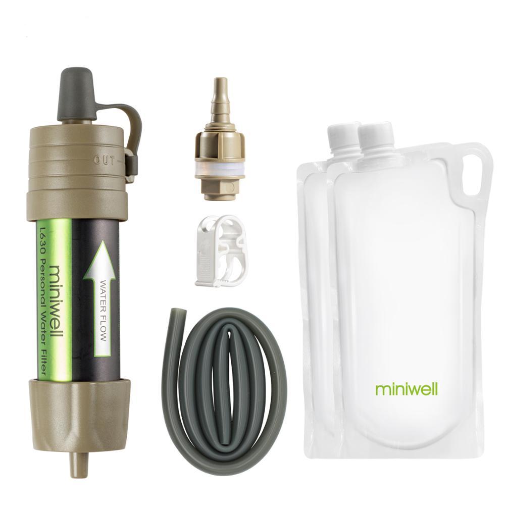 miniwell L630 Kit de supervivencia de filtro de agua portátil para exteriores con bolsa para acampar, caminar y viajar